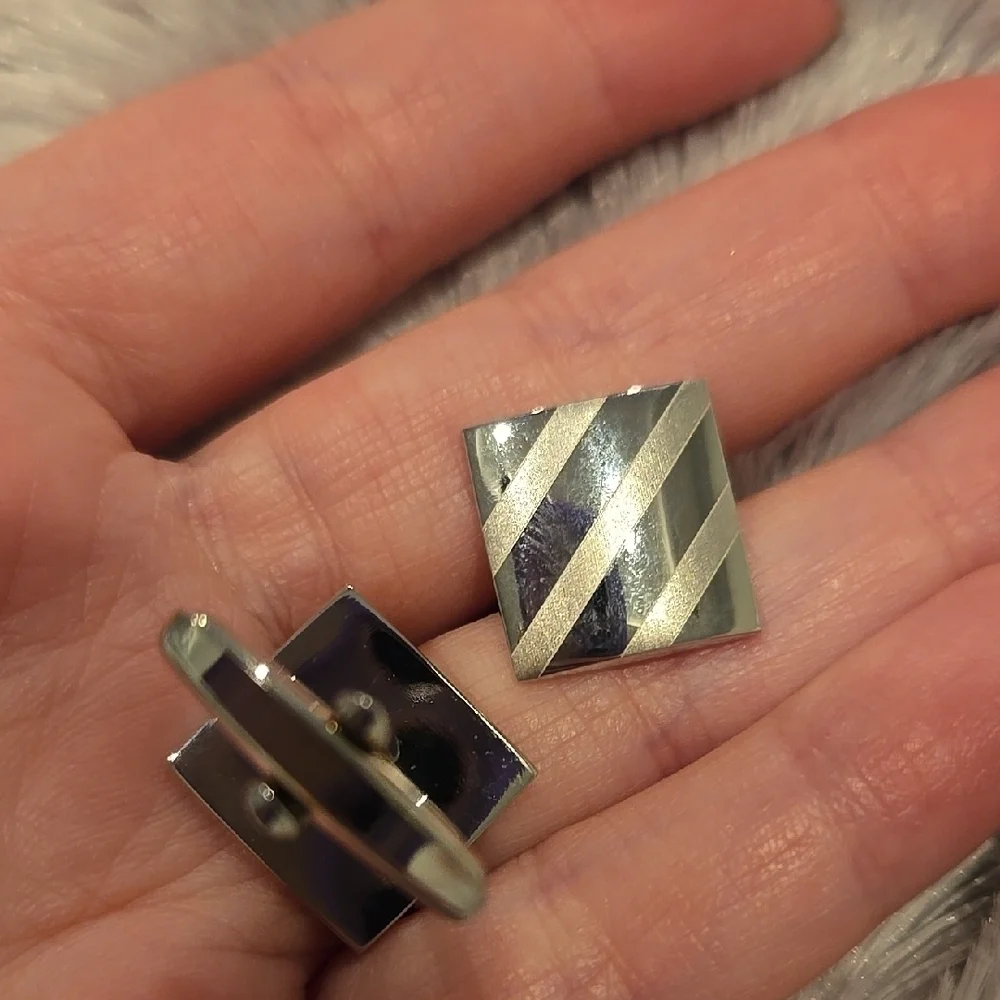 Stainless Steel Matte & Shiny Silver Cufflinks with Diagonal Stripes Brand New